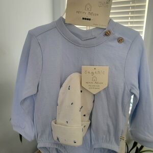 PETITE MASON Blue/cream 3 Piece Organic Infant Outfit 9 Mo. NWT